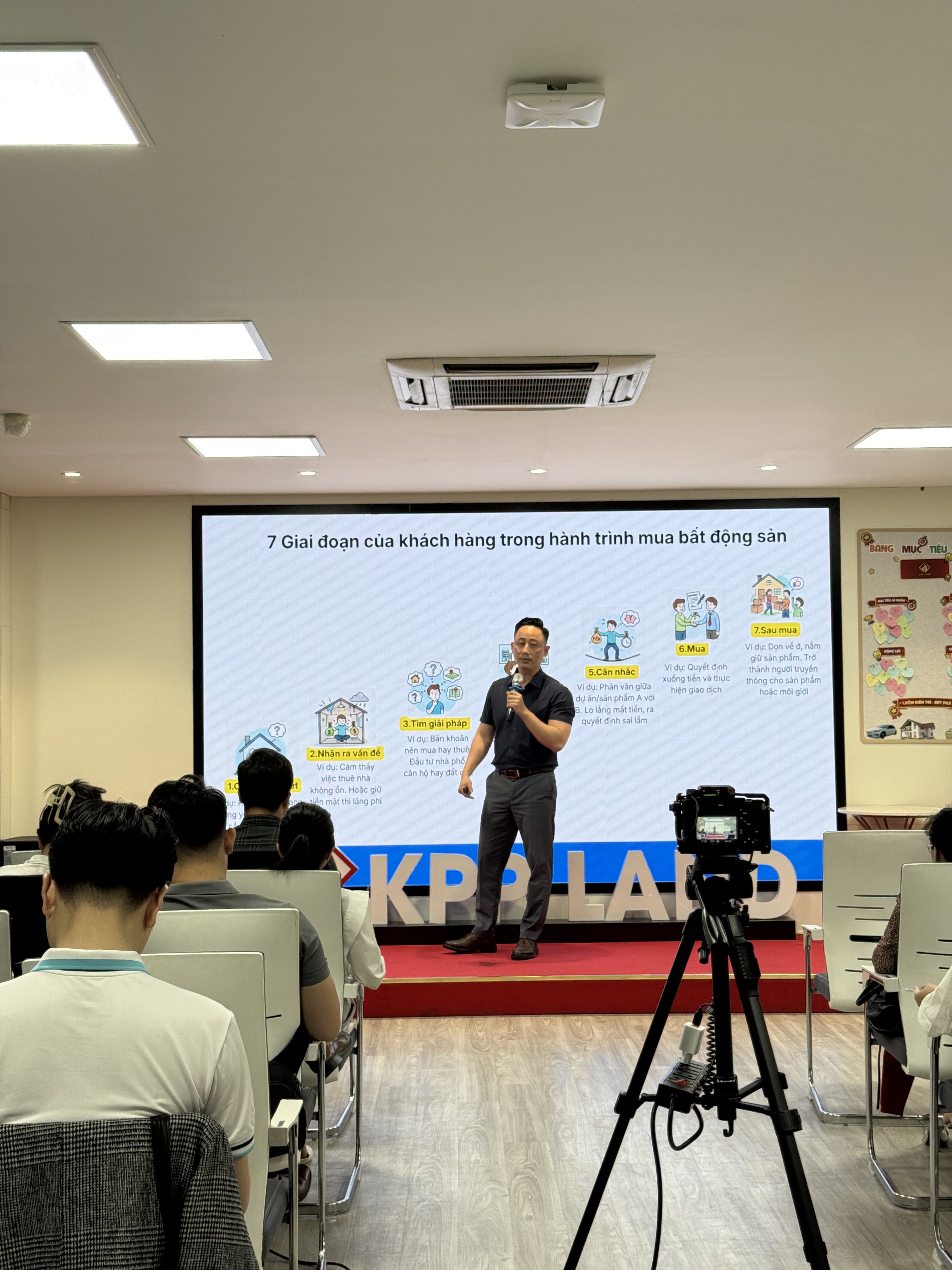 Đăng Dương áo polo xanh than đứng trước màn hình chiếu sơ đồ hành trình mua bất động sản, máy quay đặt trên chân máy phía trước