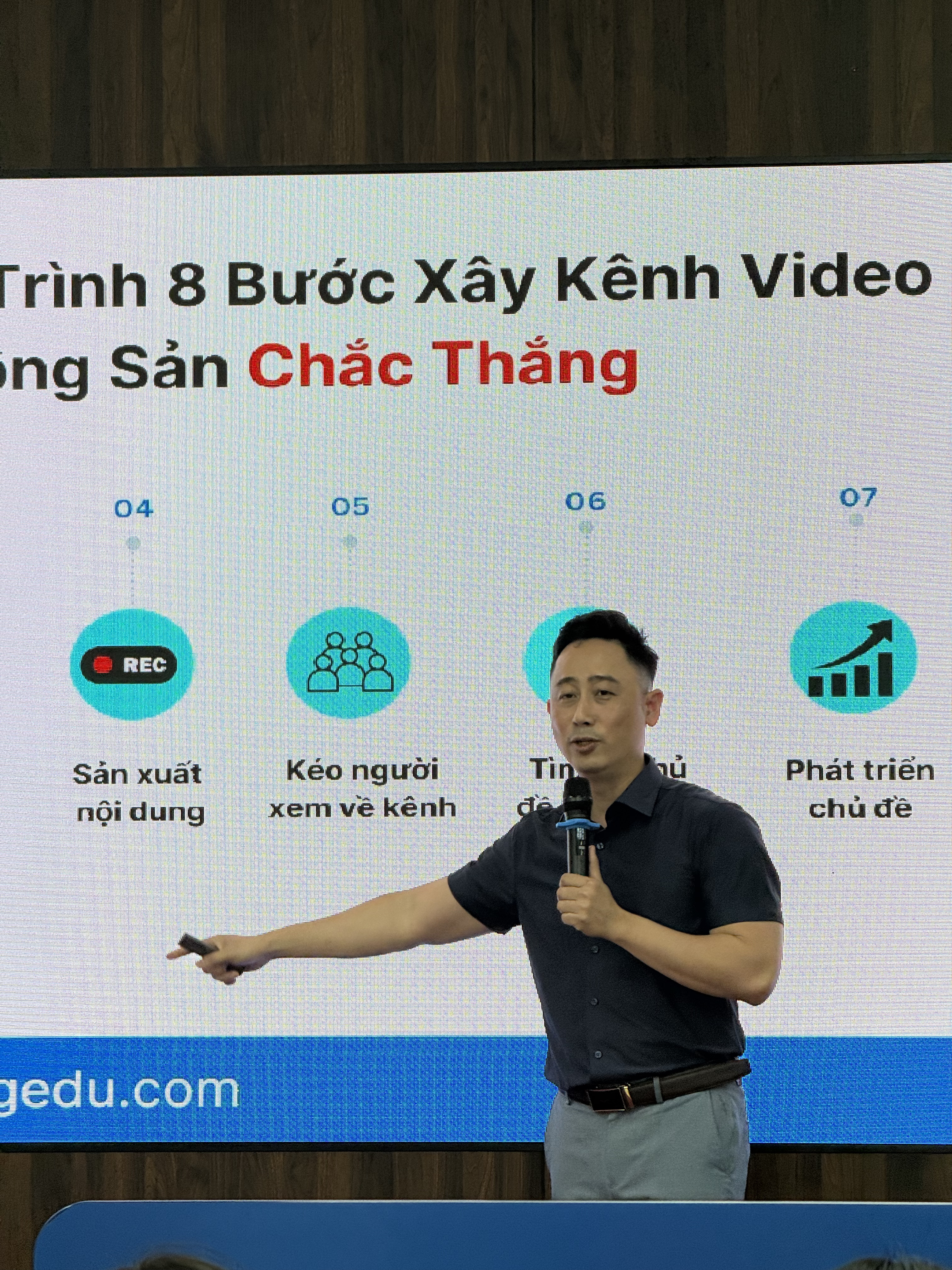 Đăng Dương chỉ lên sơ đồ quy trình tám bước xây kênh video bất động sản
