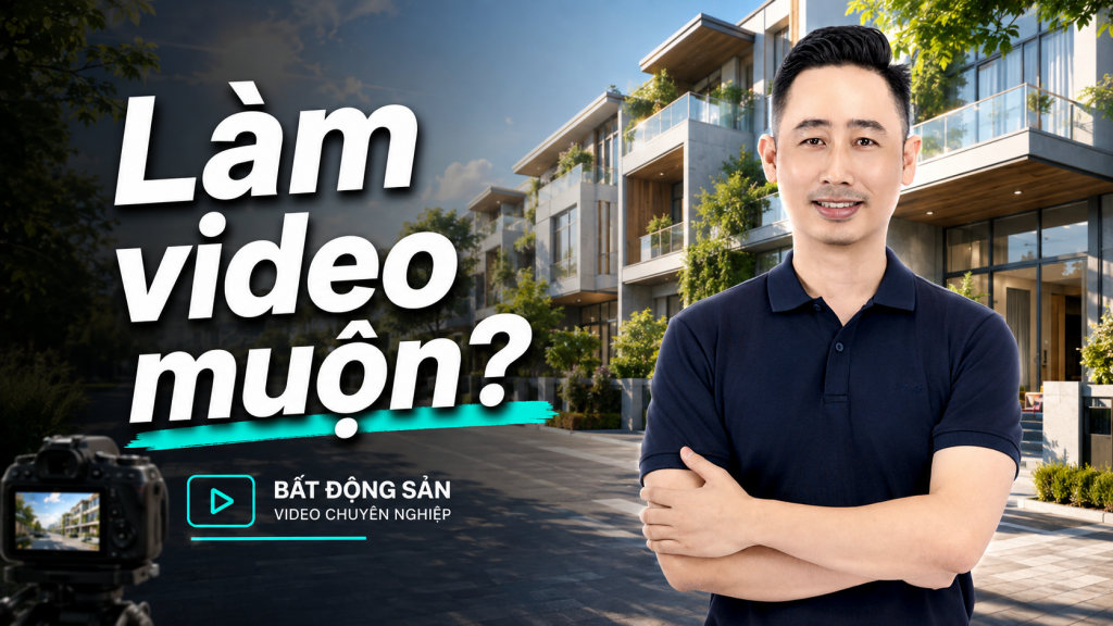 Bắt đầu làm video bất động sản có muộn không, Đăng Dương mặc áo polo xanh than, máy quay đặt phía trước dãy nhà phố