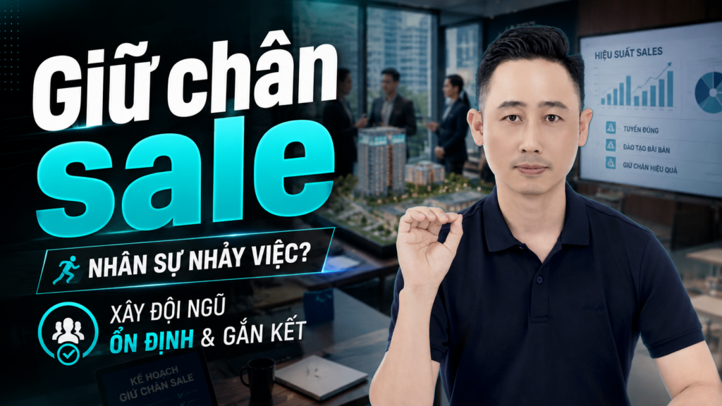 Giữ chân sale bất động sản, Đăng Dương áo polo đen trên nền bảng theo dõi hiệu suất đội sale