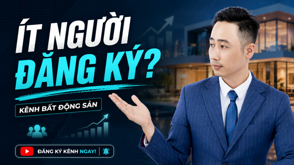 Kênh bất động sản ít người đăng ký, Đăng Dương mặc vest xanh bên biểu đồ tăng trưởng người theo dõi