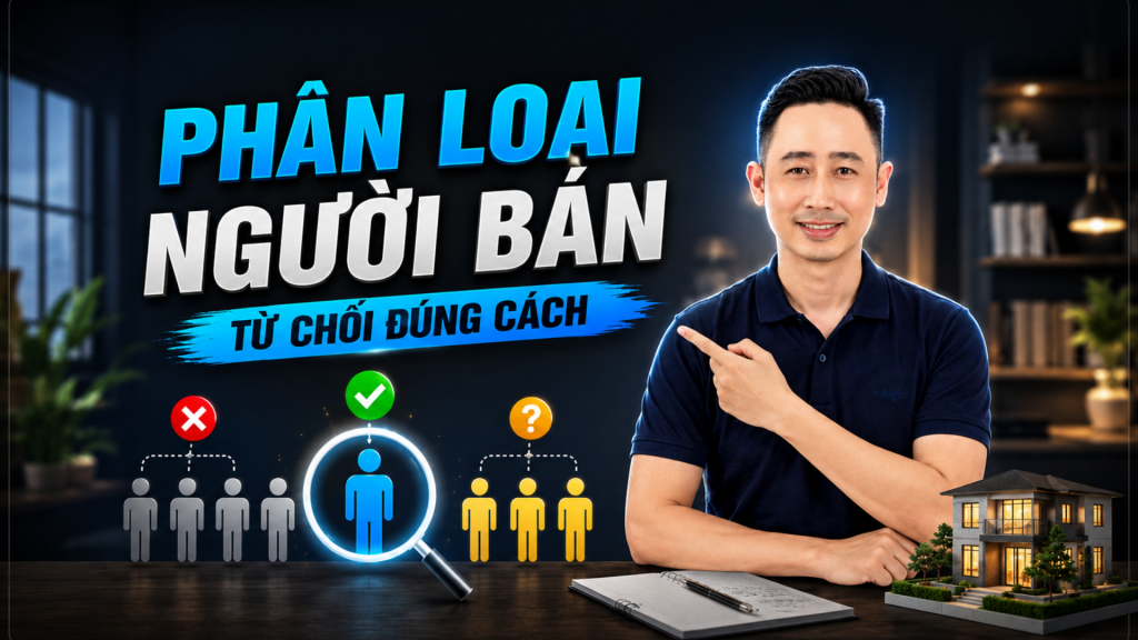 Xử lý từ chối khách hàng bất động sản — sơ đồ phân loại người bán với ba nhóm và kính lúp soi vào nhóm phù hợp
