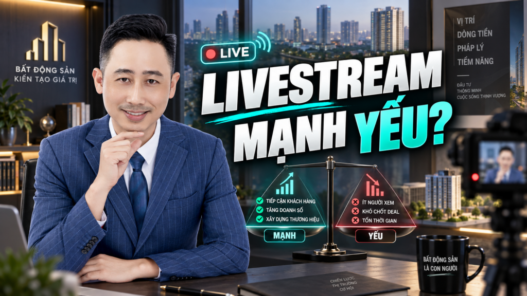 Livestream bán bất động sản, Đăng Dương ngồi trước máy quay trong một buổi phát trực tiếp về nghề môi giới
